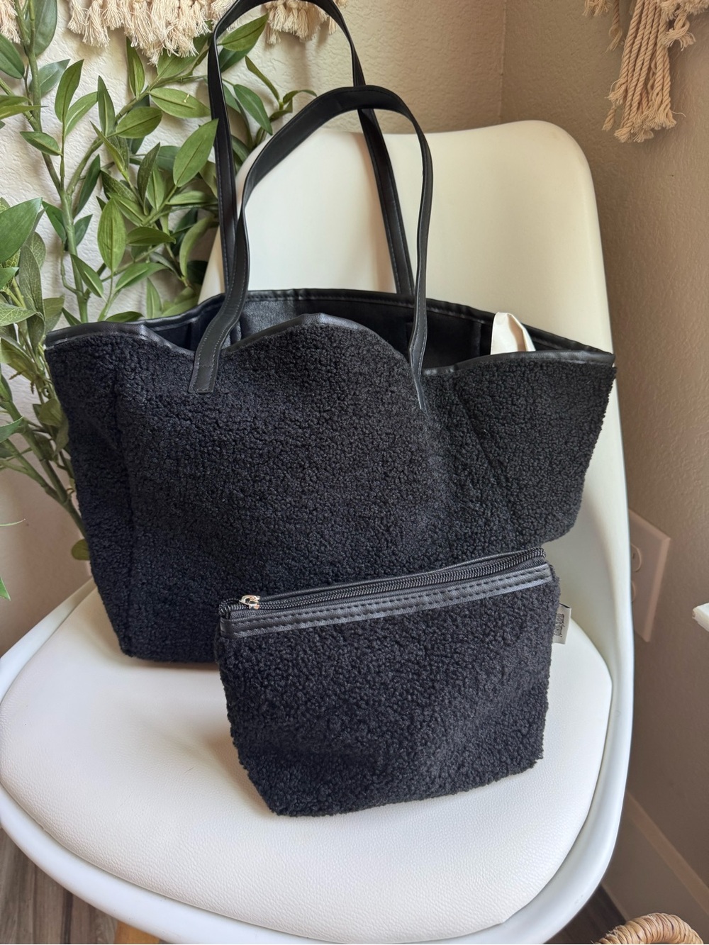 Neiman Marcus Black Teady Tote Bag + Pouch Reversable Oversized Carryall